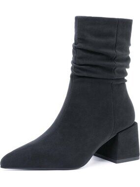 Women's Black Pebbled Ankle Boot Chunky Block Heel Mid-Calf Booties Slouchy